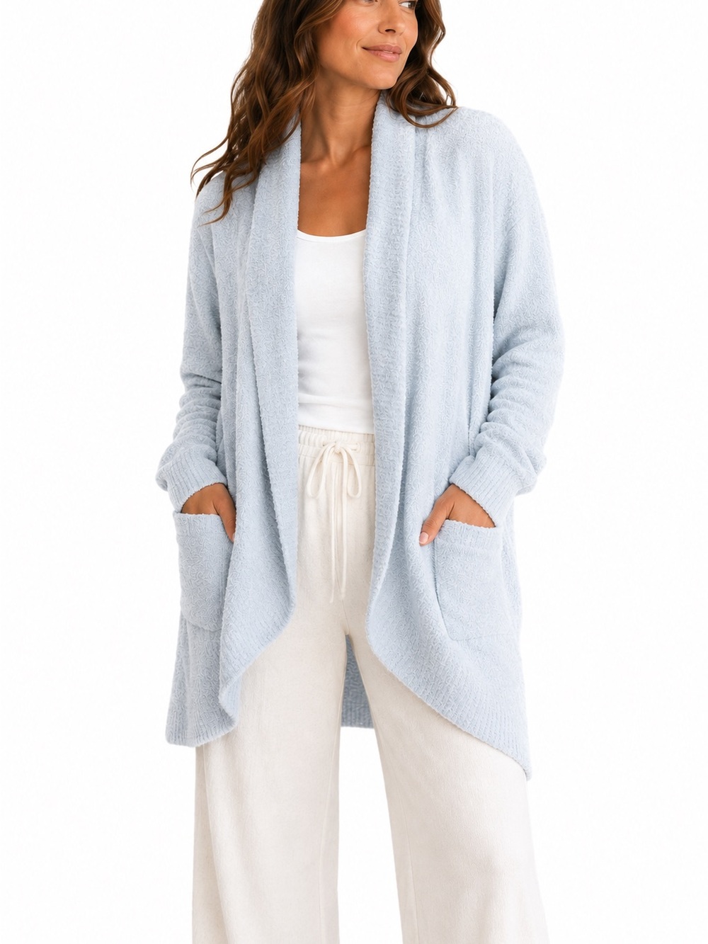 Barefoot Dreams CozyChic Lite Light Blue Open Front Long Cardigan Size L/XL NWT
